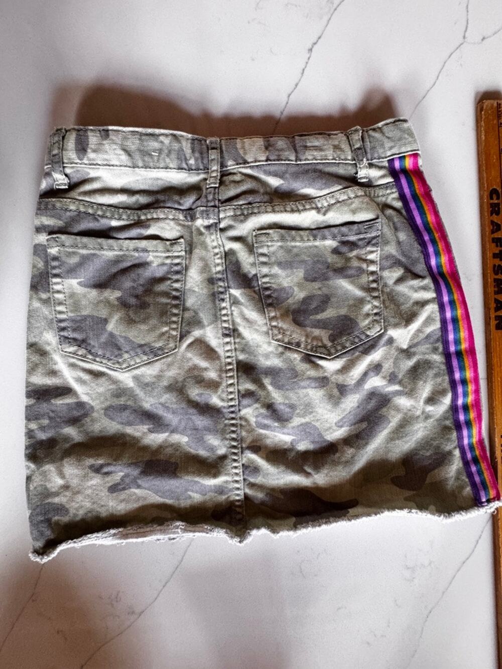 The Childrens Place Girls Camo Denim Skirt Rainbow Side Stripe Frayed Mini